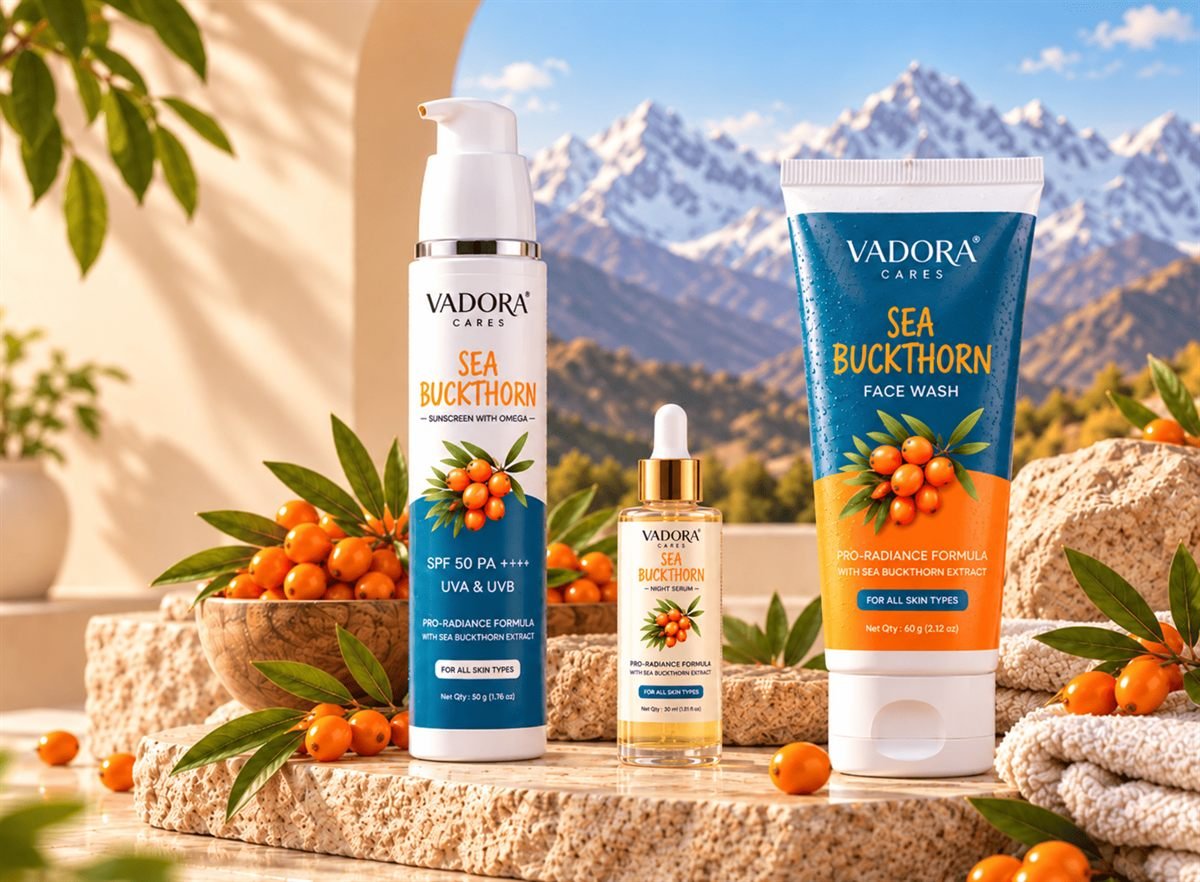 Vadora Cares Sea Buckthorn range - sunscreen SPF 50, night serum and face wash